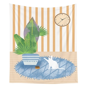 Fresh Nordic style wall tapestry featuring a white cat illustration for room decor