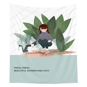 Minimalist Nordic style tapestry with girl and cat illustration in lush green plants