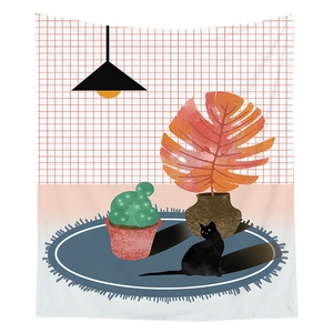 Modern Nordic wall tapestry featuring black cat and cactus illustration on grid background