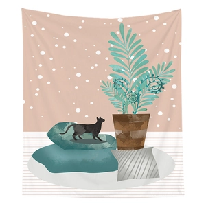 Artistic Nordic tapestry featuring a black cat, green plants, and a warm pink background