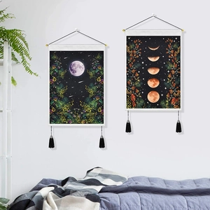 Bohemian moon phase and floral wall tapestry set with tassels for home decor