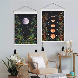 Moon Phase Floral Wall Hanging Tapestry Vintage Celestial Botanical Scroll Art With Tassels And Hanging Rope For Home Living Room Bedroom Decor
