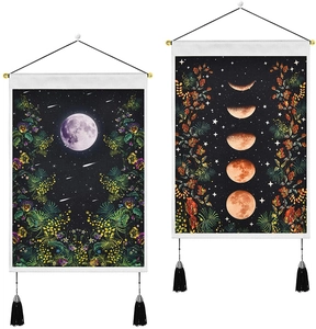 Wall tapestry featuring moon phases and floral art with elegant hanging tassels