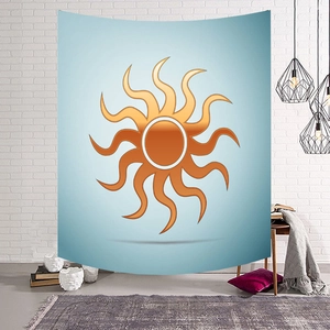 Minimalist orange sun tapestry with blue gradient background for wall decor