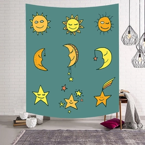 Eclipse girl wall tapestry featuring cartoon sun moon stars on dark green background