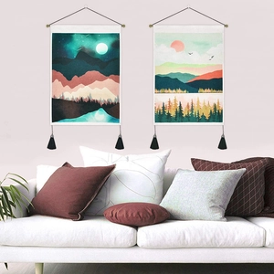 Nordic sunrise and moonrise mountain landscape wall tapestries with tassels in a living room