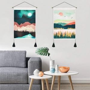 Nordic minimalist sunrise and mountain landscape tapestries with black tassels and wall ropes