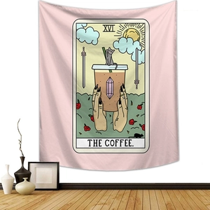 Detail of pink Tarot Coffee tapestry showing hand-drawn black cat and rose motifs