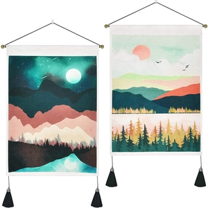 Sunrise and moonlit landscape tapestry set with black tassels for wall decoration