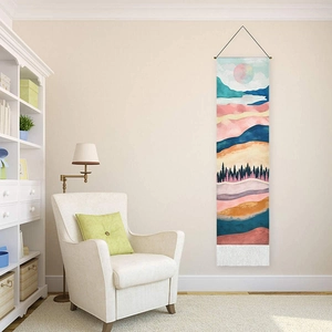 Modern abstract landscape tapestry with mountains and forest in pink blue and gold hues