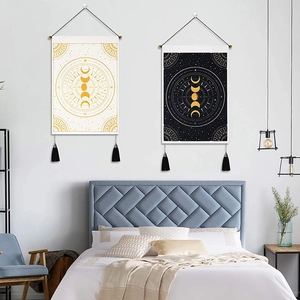 Modern lunar phase wall hanging tapestry with wooden rods and black tassels in two colors