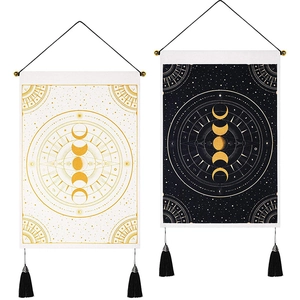 Black and white lunar phase wall tapestries with gold astronomy prints and tassels
