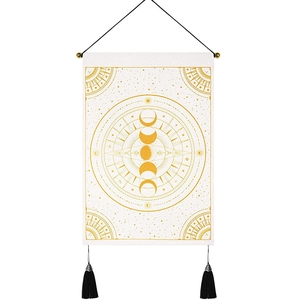 Minimalist moon phase tapestry with sun and star astrology patterns on white background