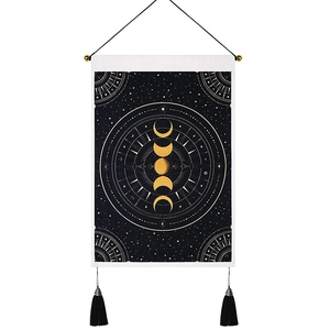 Artistic moon phase cycle wall hanging with black tassels for home living room decor