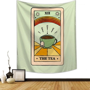 Light green retro tarot style wall tapestry featuring The Tea design in a home setting