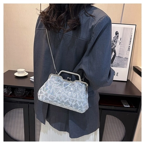Macro shot of silver laser sequin shell bag with vintage metal frame and chain strap