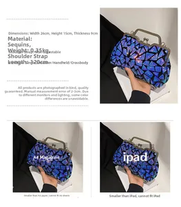Size comparison of blue sequin shell evening bag with A4 magazine and 120cm strap