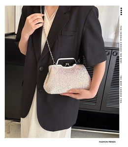 Detail of silver sequined evening clutch bag with metal frame and chain on model