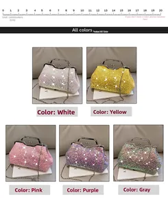 Detailed comparison of sequin evening bags in white, yellow, pink, purple, and grey