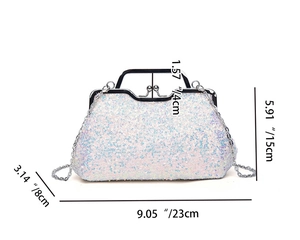 Detailed dimensions of white sequined evening clutch with chain strap and handle