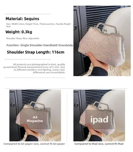 Size comparison of the white sequin evening bag showing capacity with an iPad and A4 magazine