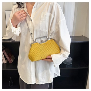 Yellow rhinestone shell clutch bag with silver metal handle and chain strap for women