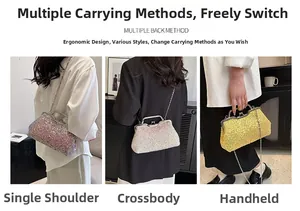 Three-way sequin evening bag shown as a shoulder, crossbody, and hand-held clutch