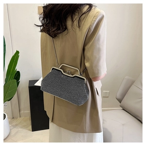 Detail of elegant black rhinestone evening bag with silver chain worn with beige blazer
