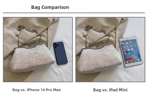 Sequin evening bag capacity overview compared with iPhone 14 Pro Max and iPad mini