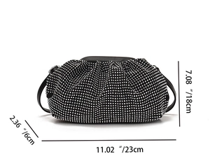 Detailed view of rhinestone cloud clutch bag with dimensions 23x18x6 cm and shoulder strap