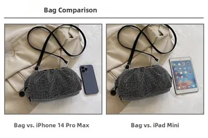 Size comparison of a black rhinestone dumpling bag with iPhone and iPad mini details