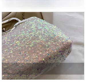 Detail shot of shimmering colorful sequins and silver metal chain on the clutch bag