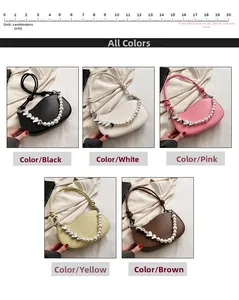 Detailed color selection showing five crescent bags with pearl and heart chain accents