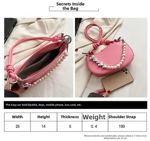 Size chart showing pink crescent bag dimensions 25x14cm with pearl heart chain detail