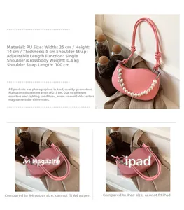 Size comparison of pink PU saddle bag with pearl chain next to A4 paper and iPad