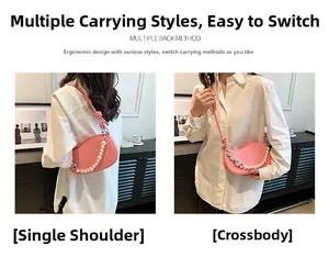 Pink crescent shoulder bag with heart charms and pearl chain details shown in two styles