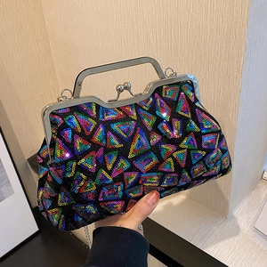 Women Geometric Sequin Evening Bag Fashion Laser Mosaic Crossbody Clutch With Chain Strap Metal Handle Wedding Party Bag