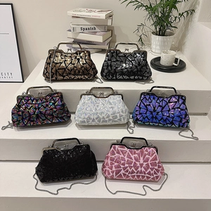 Lazer sequin shell evening bag with metal handle and chain strap in 7 vibrant colors