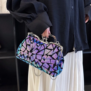 Iridescent sequin shell evening bag with silver metal handle and chain strap for women