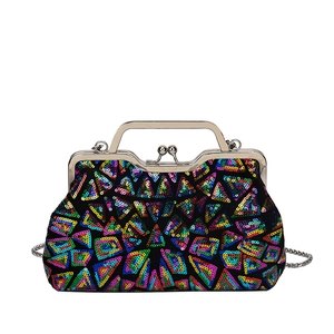 Chic evening shell bag with colorful laser sequins and silver metal chain strap