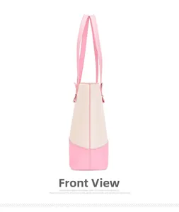 Détail latéral du sac à main bicolore rose et beige avec boucle métallique élégante