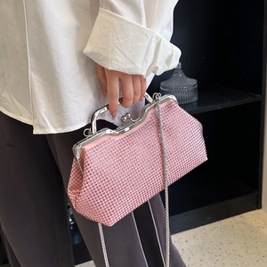 Elegant pink rhinestone shell bag with silver chain strap and metallic top handle