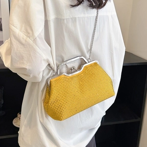 Fashionable lemon yellow rhinestone shell bag with silver chain strap and metal handle