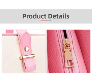 Détail de la texture cuir Saffiano rose et beige avec quincaillerie en métal doré rose et zip