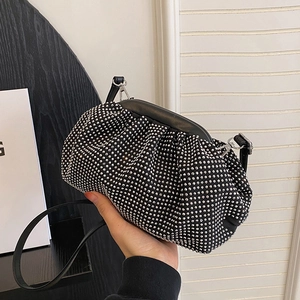 Women Rhinestone Ruched Cloud Bag PU Leather Crossbody Bag Elegant Evening Clutch Bag With Adjustable Shoulder Strap For Party Wedding
