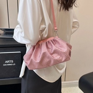 Sparkly pink rhinestone cloud bag for women with elegant pleated finish and crossbody strap