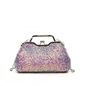 Sparkling gradient sequin evening clutch bag with silver chain and pearl handle