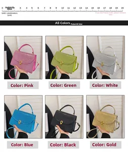 Six colors of glitter crossbody bags shown with a scale ruler for size reference