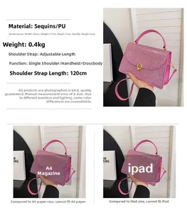 Pink sequin handbag dimensions 23x17x7cm with adjustable strap and metallic swivel lock