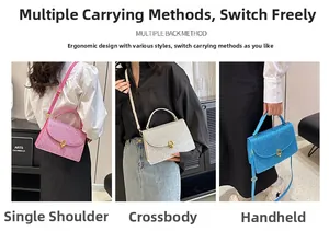 Three-way carry demonstration of glitter crossbody bags in pink, silver and blue colors